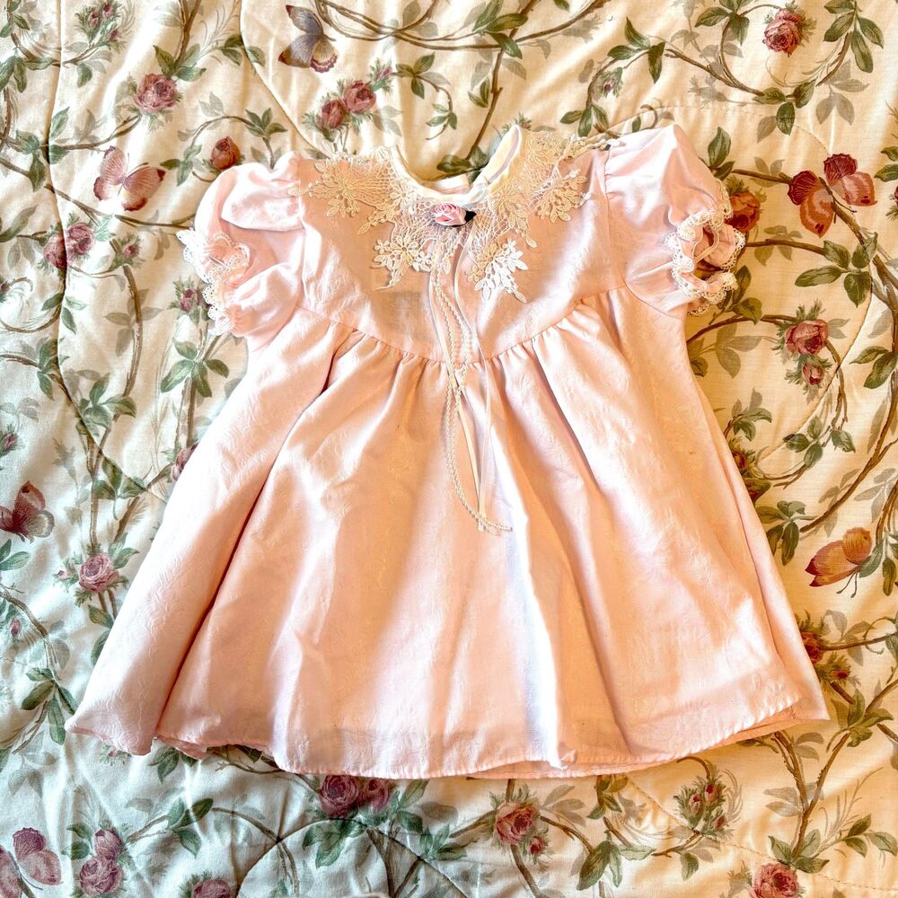 Vintage JoLene Pink Toddler Dress, 18M, Flower Girl Cottagecore Heirloom Dress